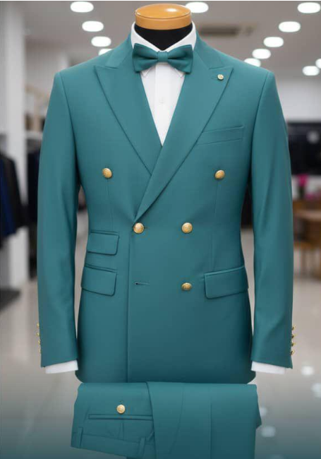 Men's Double-Breasted Formal Suit Set with Gold Button Accents