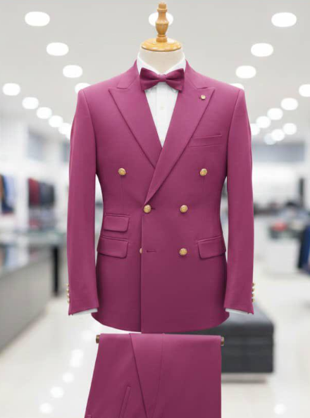 Men's Double-Breasted Formal Suit Set with Gold Button Accents