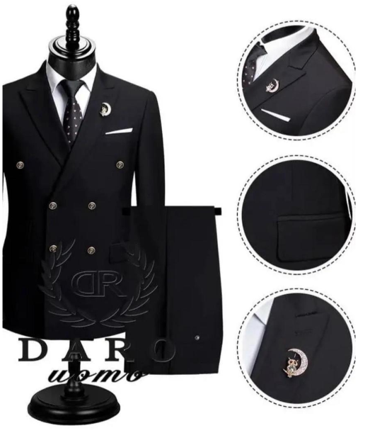 Classic Black Double-Breasted Men's Suit Set with Gold Button Accents