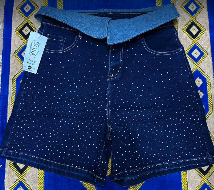 Women's Rhinestone Denim Shorts with Fold-Over Waistband