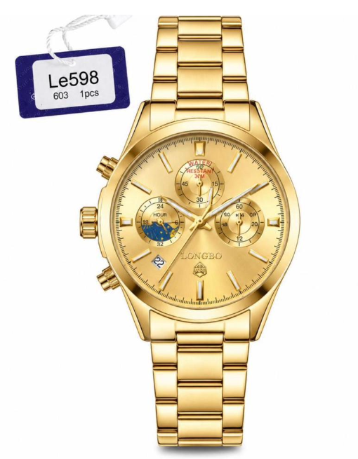 LONGBO Luxury Gold Chronograph Watch with Full Gold-Tone Stainless Steel Bracelet and Matching Gold 