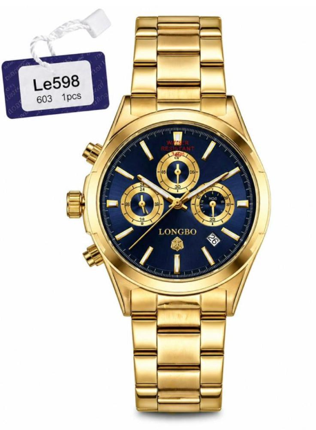 LONGBO Luxury Gold Chronograph Watch with Blue Dial and Gold-Plated Stainless Steel Bracelet