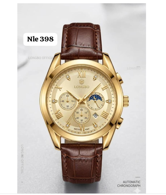 LONGBO Luxury Men's Chronograph Watch with Gold-Tone Case and Premium Brown Leather Strap