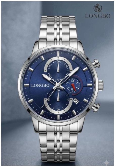 LONGBO Luxury Chronograph Watch with Blue Sunburst Dial and Silver Stainless Steel Bracelet
