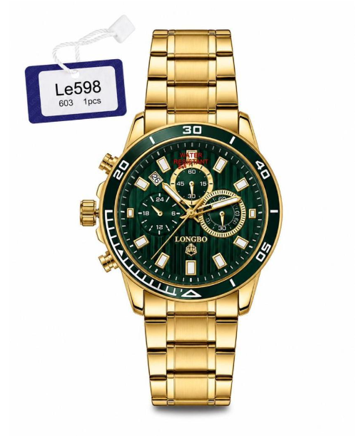 LONGBO Luxury Gold Chronograph Watch with Green Dial and Gold-Plated Stainless Steel Bracelet