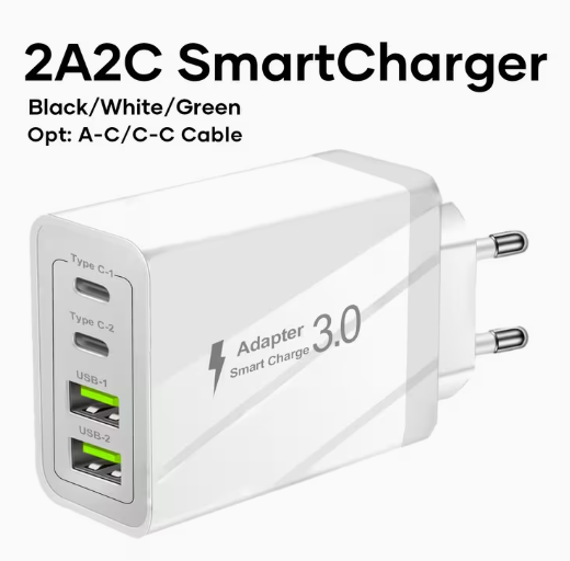 4-in-1 smart charger with 2 USB-A ports and 2 Type-C ports